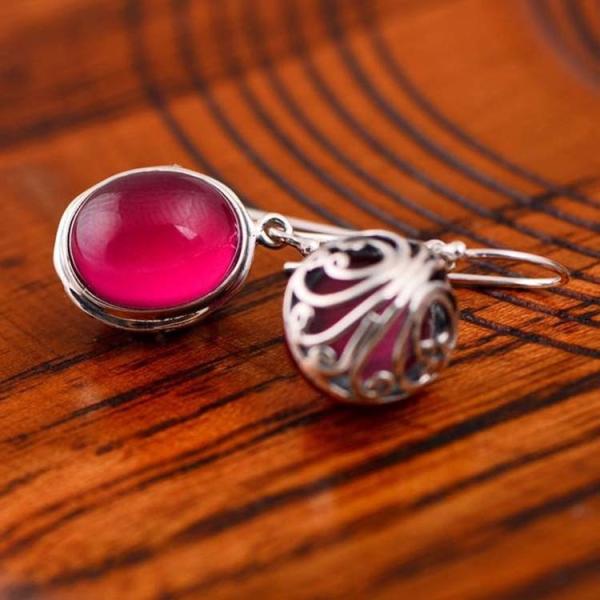 Sterling 925 Silver Synthetic Ruby Pendant Dangle Earrings (019515)