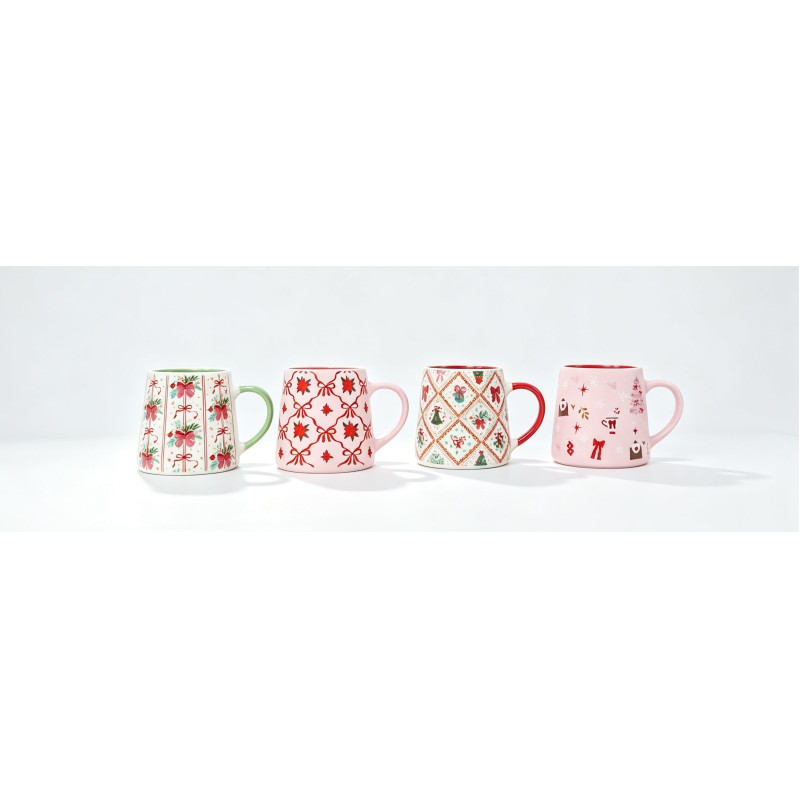 4 Pack Soft Pink Red Bow Christmas Mugs, Pastel Floral Diamond Pattern Ceramic Coffee Cups Holiday Gift Set Full Product Description