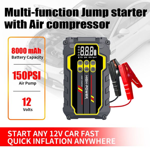 8000mAh Emergency Car Jump Starter 12 Volt With Air Pump Compressor 150PSI Tire Inflator Jump Starter Booster Pack