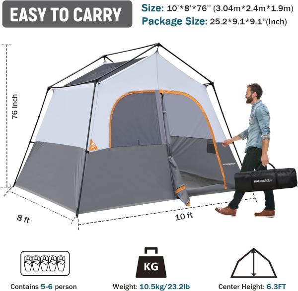 HIKERGARDEN 6 Person Camping Tent - Portable Easy Set Up Family Tent for Camp, Windproof Fabric Cabin Tent Outdoor