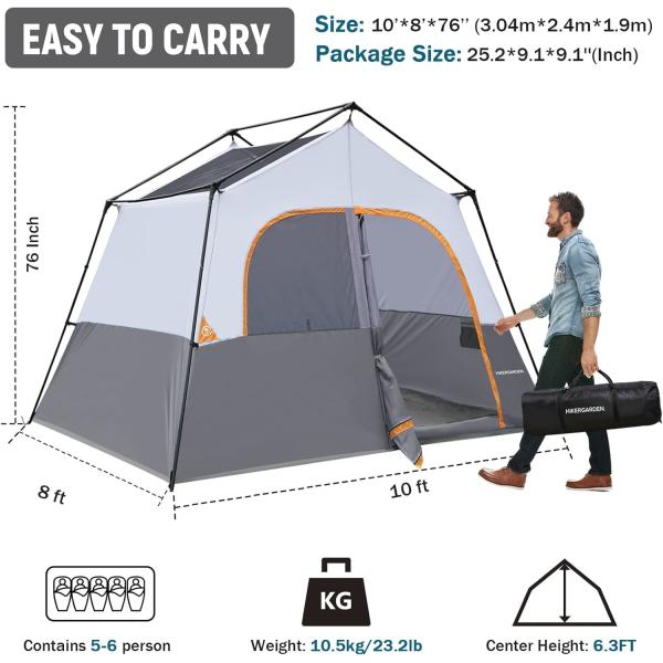 HIKERGARDEN Tente de camping pour 6 personnes - Portable facile à installer Tente familiale pour le camp, Tente de cabine en tissu étanche à l'air libre