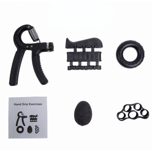 Hand Grip Strengthener Kit 5 Pack Black Adjustable Grip Trainer Finger Exerciser Grip Ring And Stress Ball For Hand Wrist And Forearm Training