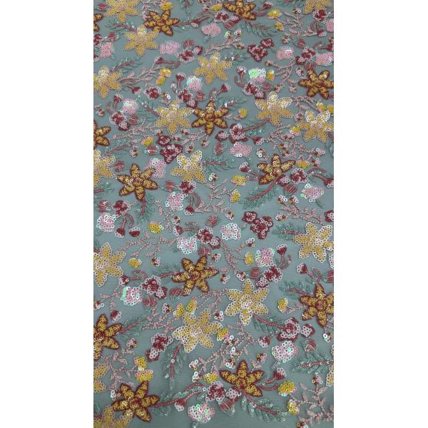 3D Flower Lace Fabric Mesh Lace For Gowns 100% Polyester Colorful Sequin Embroidered Fabric