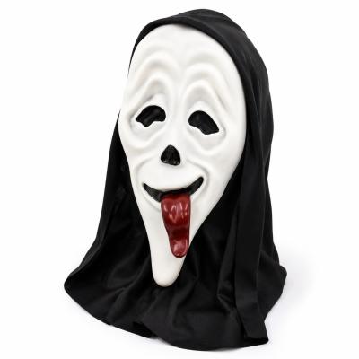 PVC Tongue Scream Mask with Black Hood, White Ghost Face Horror Party Mask,