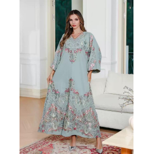 SMT148  Middle Eastern Modest Wear Misty Blue Floral Print V-Neck Maxi Robe