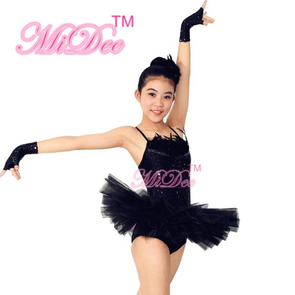 Swan Feather Neckline Ballet Dance Costumes , Black Childrens Ballerina Outfits