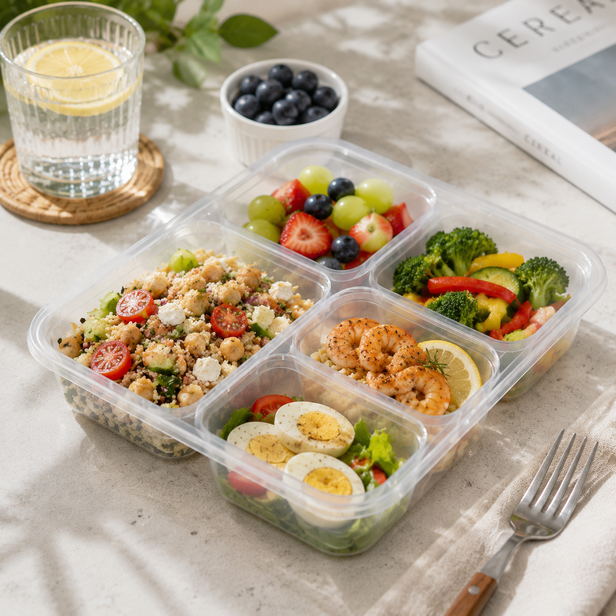 Square Five Section PP Multi Compartment Meal Tray for Large Party Catering