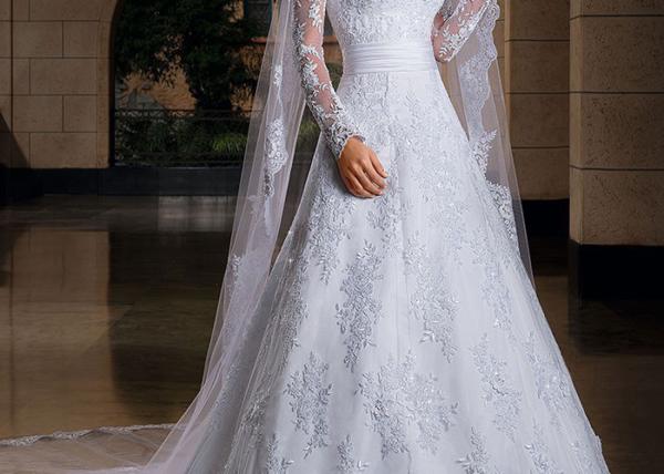 Long Tail A Line Bridal Gowns , Long Sleeve Lace Wedding Gown V Neck With Beads
