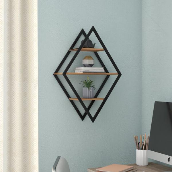 3 Tiers Metal Wooden Diamond MDF E1 Wall Floating Square Shelves for Stylish Display