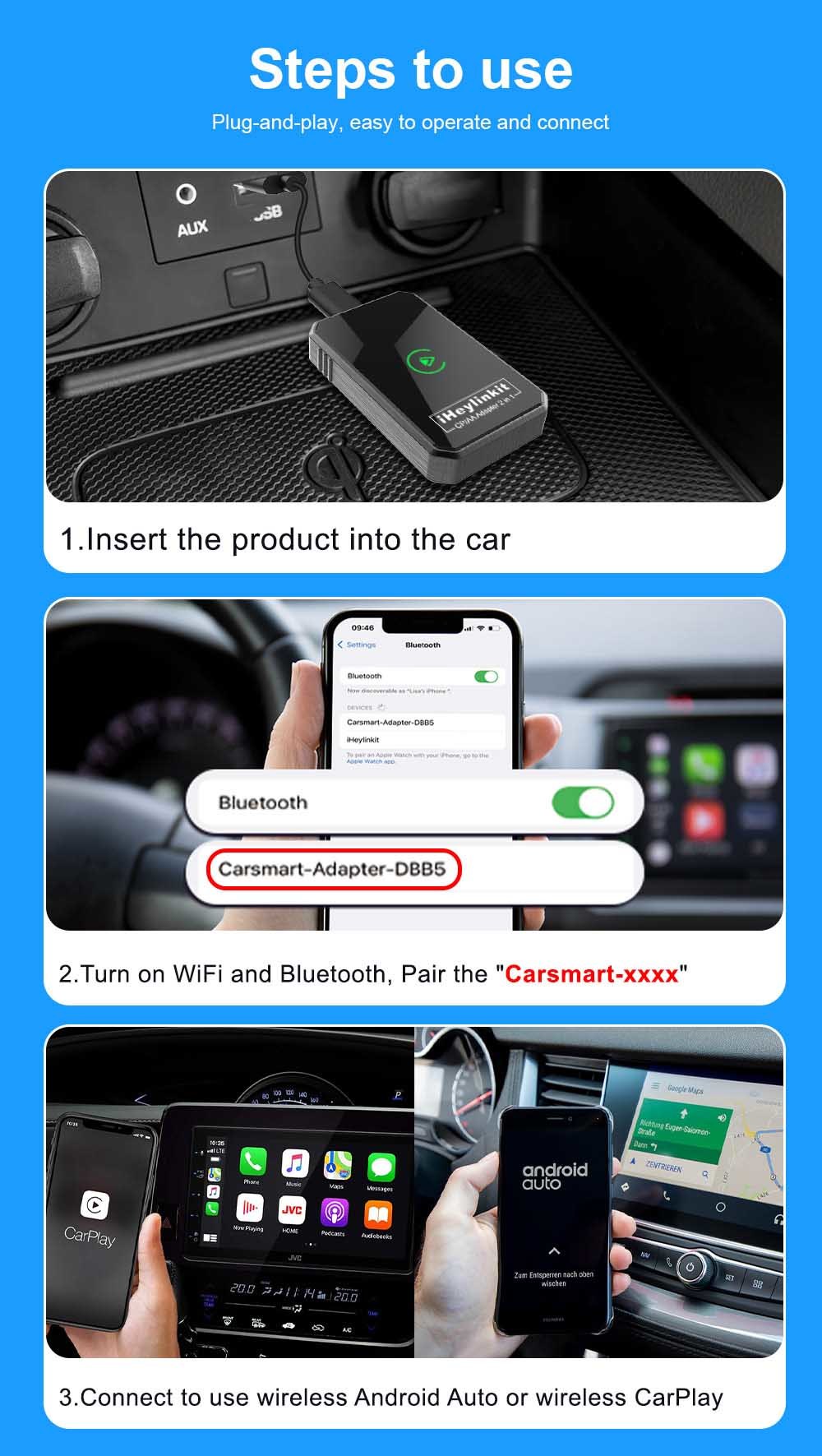 Carsmart Wireless Carplay Android Auto Car Adapter Dongle CE Certificated