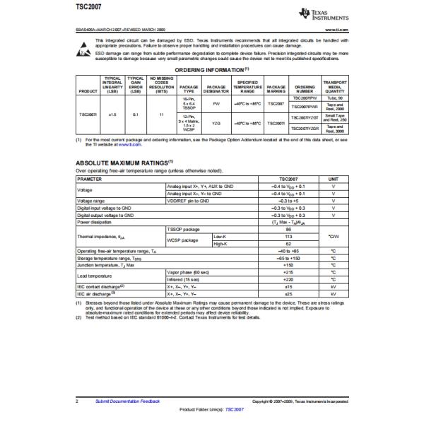 TSC2007IPWR IC Электронные компоненты 4-проводные I2C TSSOP-16 катушка 8 бит