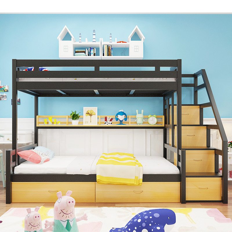 School Furniture Metal Single Wooden Child Plywood Loft Bed with Stairs and Drawers