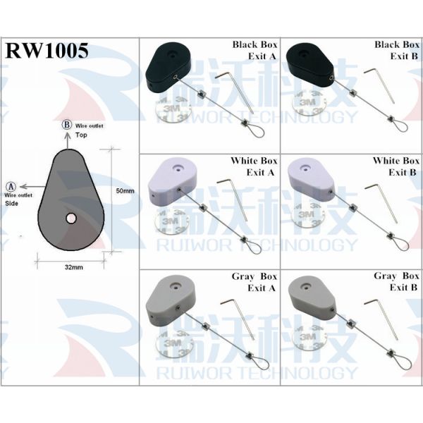RW1005 Drop-Shaped Retractable Security Tether Plus Adjustalbe Lasso Loop By Small Lock And Allen Key For Anti Theft Display