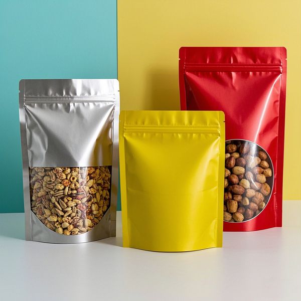 Snack Custom Pack Packaging PE Plastic Dry Food Bags Food Grade UV Spot Zipper Stand Pouch Holographic Mylar Lining Window