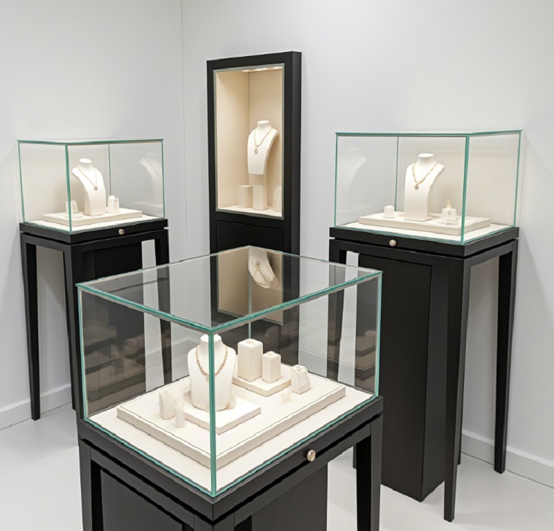 Eco-Friendly Jewelry Display Cabinet with Adjustable Glass Shelves and Customizable Design