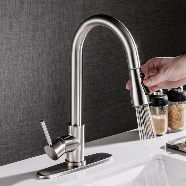 Silver Kitchen Sink Faucet with Pull Down Sprayer High Water Pressure Stainless Steel