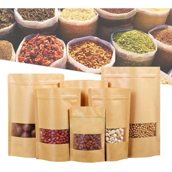 Wholesale Customized Brown Eco-friendly Sealed Transparent Food Packaging Bags Sealing Kraft Paper Bags