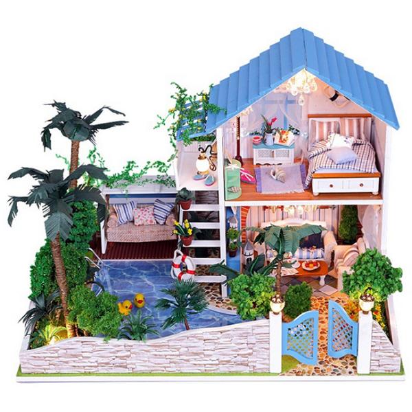 Dollhouse, DIY Lights plush House, Wooden Model, Luxury villas, Seaview, building model