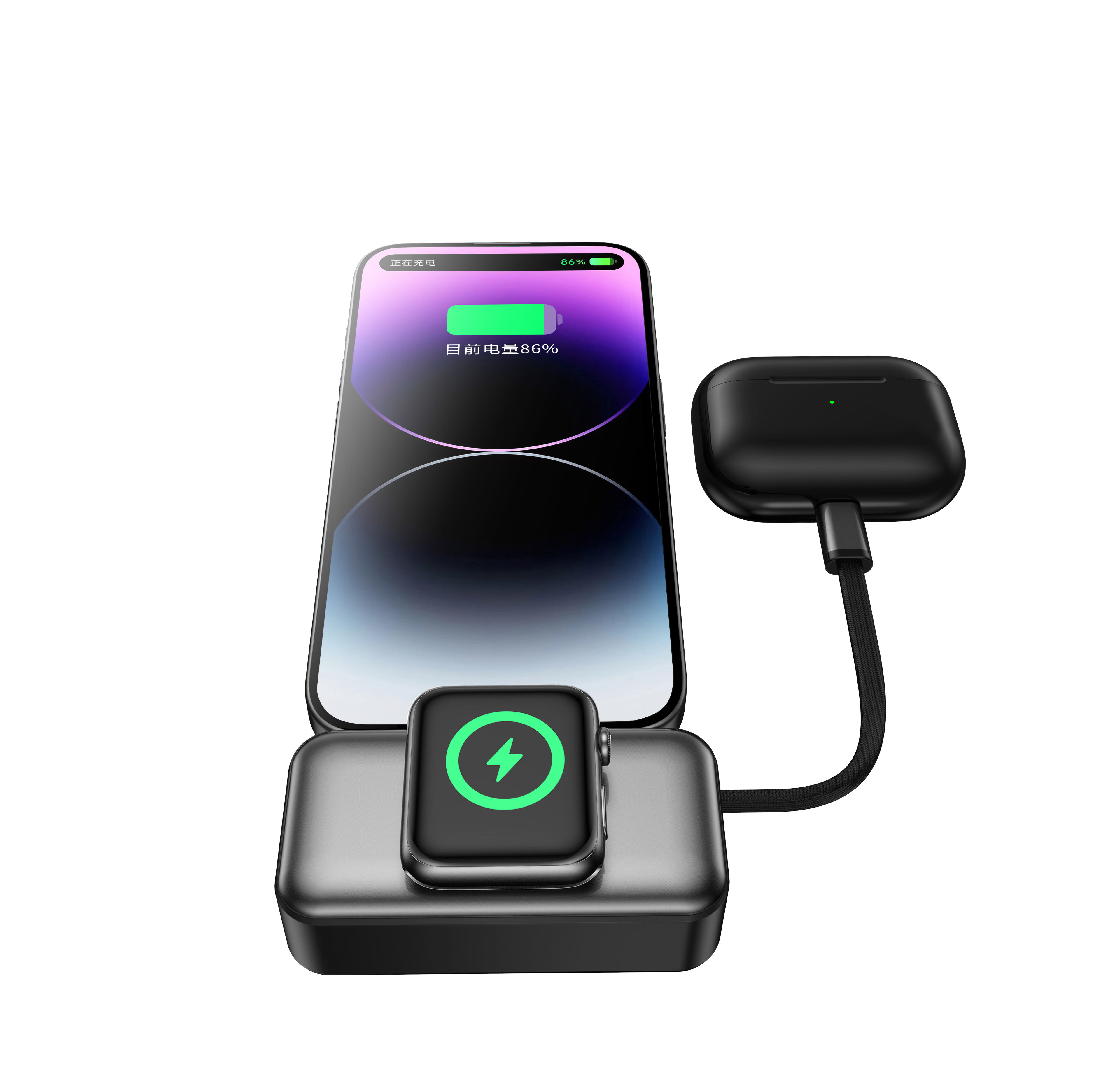 Mini 5000mAh Portable Pocket Power Bank with Type-C Input/Output 20W 3 Type-C & Stand Wireless Charger for Watch