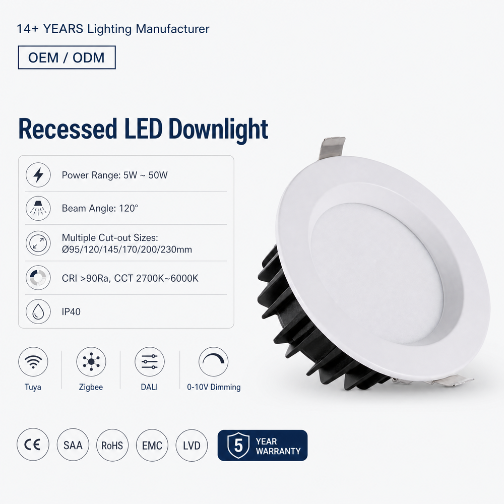IP40 SMD LED Recessed Ceiling Downlight, Triac 0-10V DALI DALI-2 DT6 DT8 Dimmable, Smart Zigbee Tuya WiFi Control,Indoor Down Light For Office