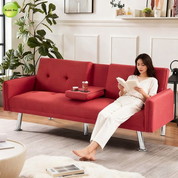 Modern Linen Fabric Foldable Sofa Bed With Cup Holder 2 Seater Living Room Sofa Convertible Sleeping Sofa Bed
