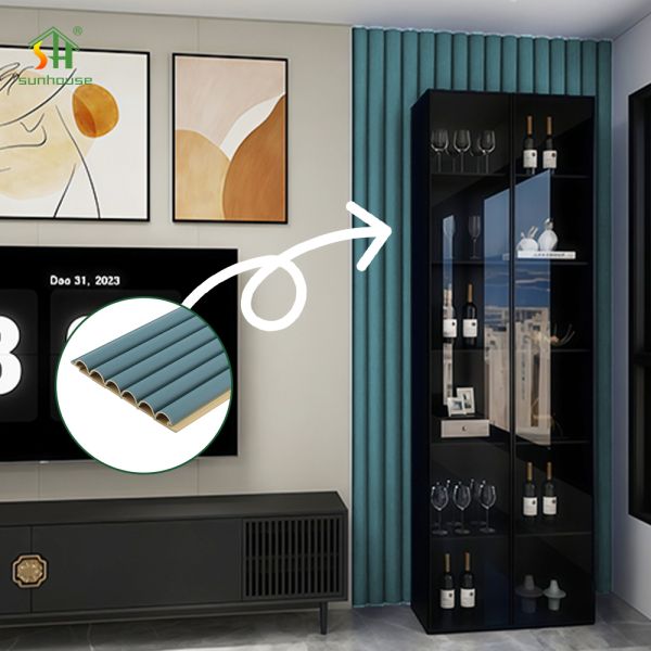 Blue-Green WPC Decorative Wall Panel Modern Grid Panel Semi-Circular Groove 3D WPC Wall Panel