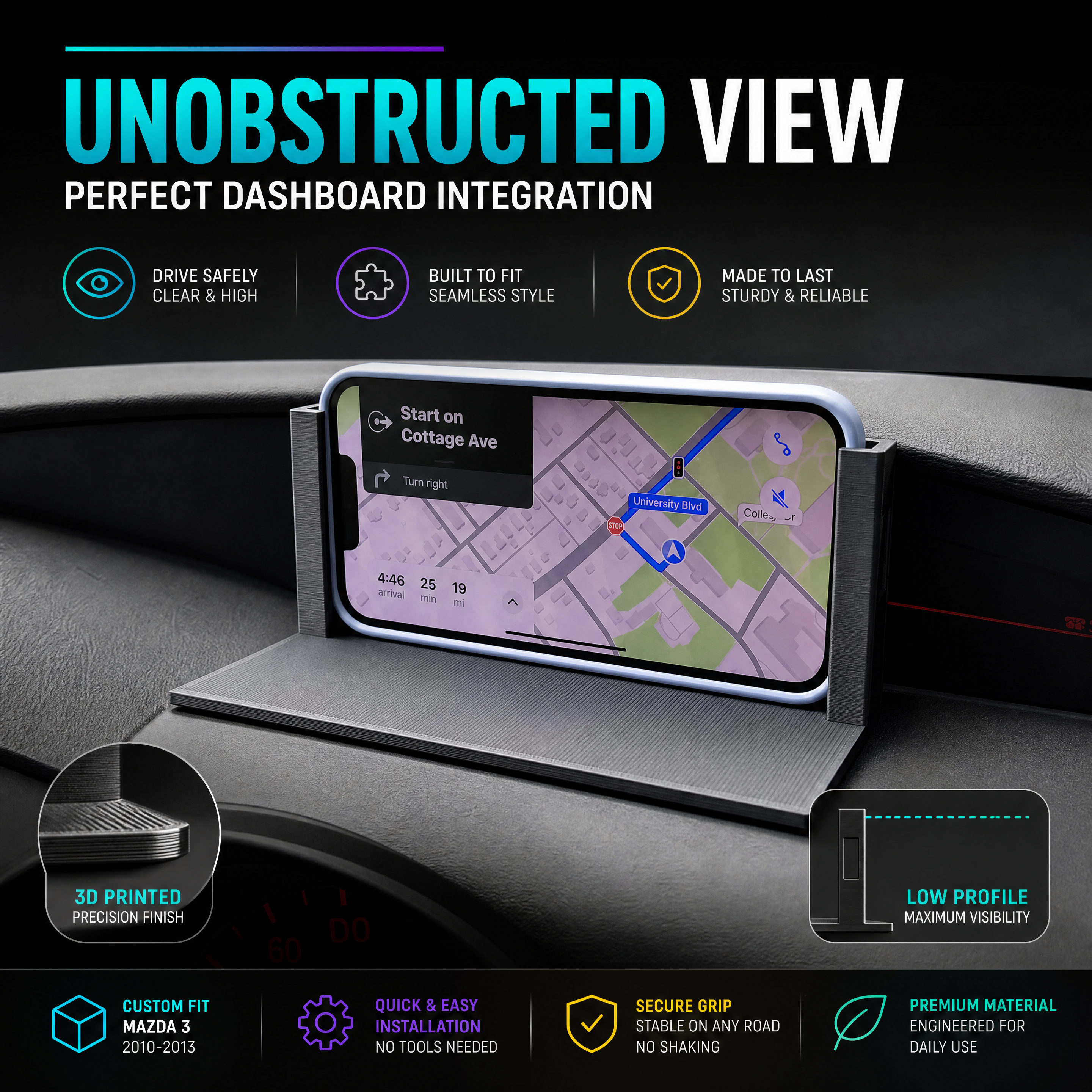 Stable Minimalist 3D Printed Automotive Parts, Dashboard Smartphone Mount