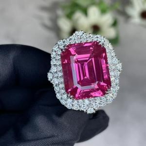 2040C Trigonal Rosa Safira e Anel de Diamante Anel de Pedra de Safira