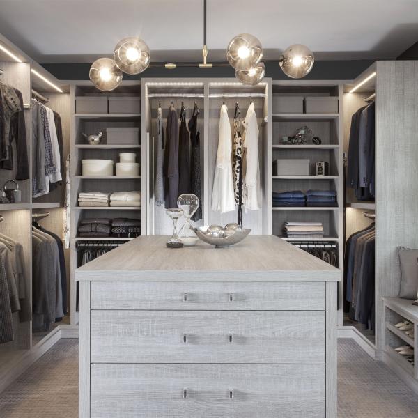 Modern Home Beige Grey Melamine Walk In Closet Glass Door For Dressing Room