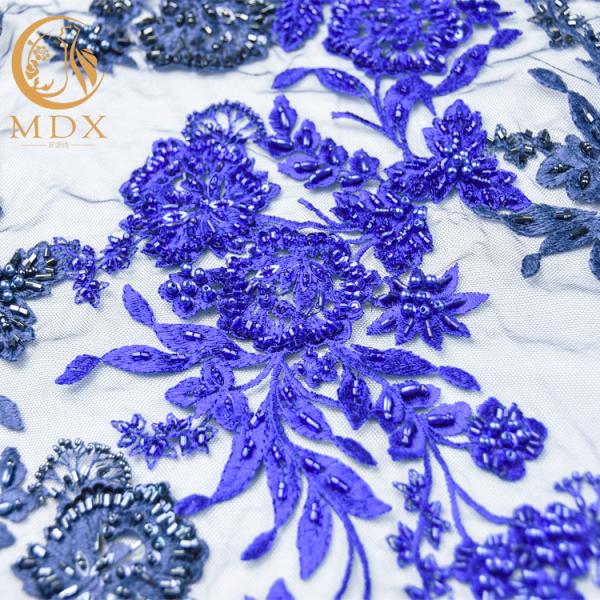 Royal Blue Beaded Lace Fabric 80% Nylon Water Soluble 140cm Width For Kids Dress