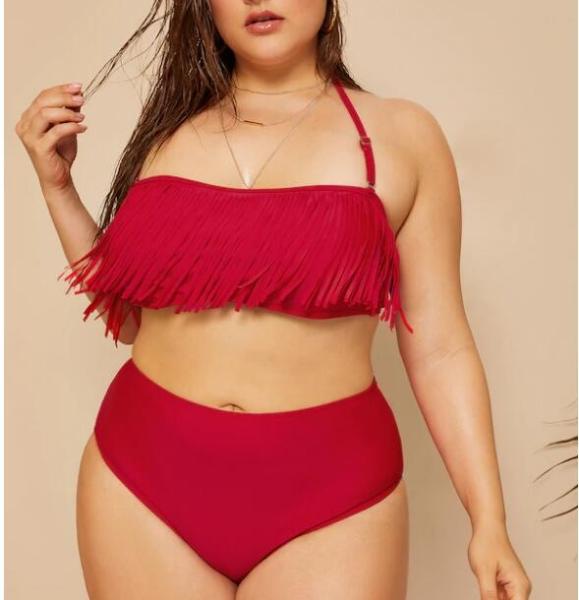 2019 New Plus Size Two piece Tassel High Waist  Swimsuit Women Push up