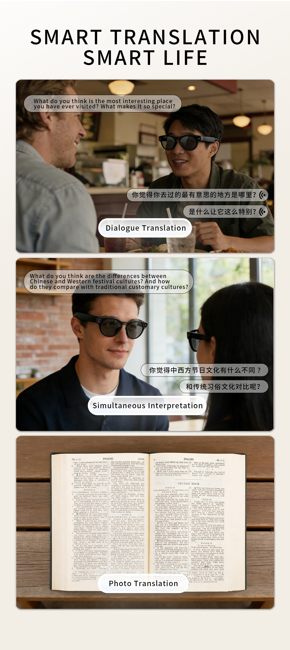 Real Time Smart AI Translation Glasses Take Picture Video Recording Audio Call