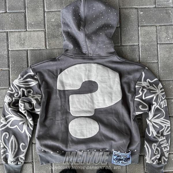 Custom Zip up Rhinestone Hoodies Acid Wash Gray Vintage Puff Print Hoodie Heavyweight Drop Shoulder Men's Hoodies & Sweatshirts
