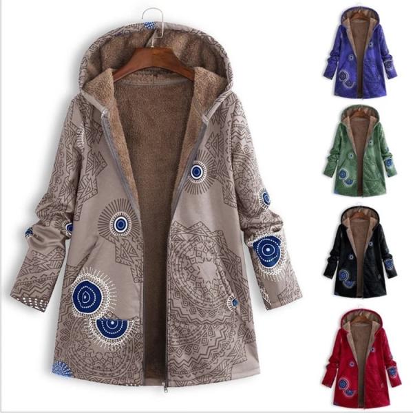 2020 Waterproof Ethnic Style Fashion Fleece Coat Printed Pocket Hoodie Jacket Women Winter