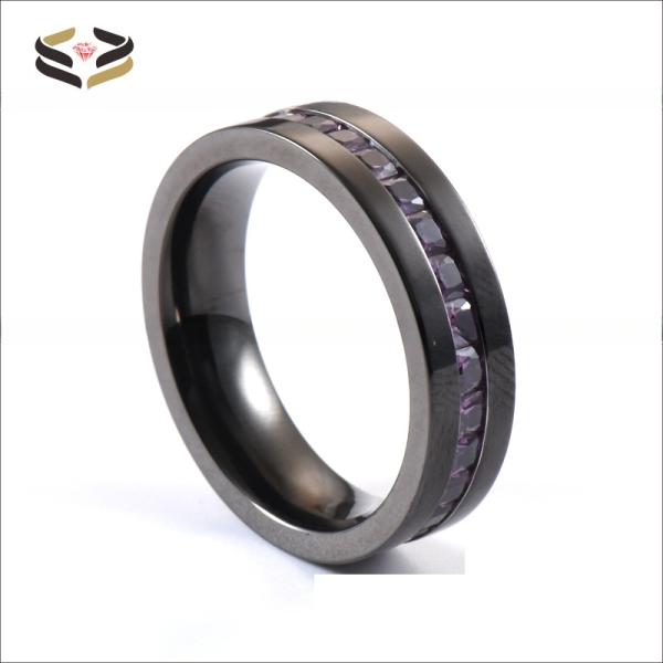 Bagues de mariage en titane avec incrustation de pierre CZ violette, bords plats plaqués noir pour hommes, 6MM