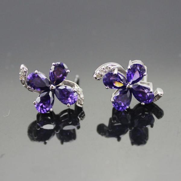 Sterling Silver Amethyst  Cubic Zircon Quatrefoil Stud Earrings(E02)