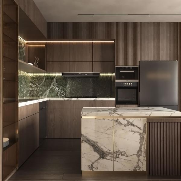 Современный интерьер в стиле виллы Интеллектуальные кухонные шкафы Меламин Стенный шкаф Полный набор роскошных кухонных шкафов