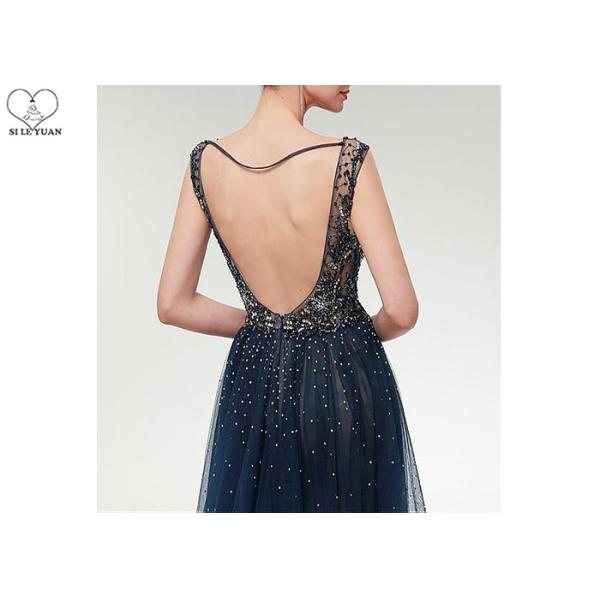 Tulle V Neck Ball Gown Backless / Long Tail Navy Blue Beaded Prom Dress