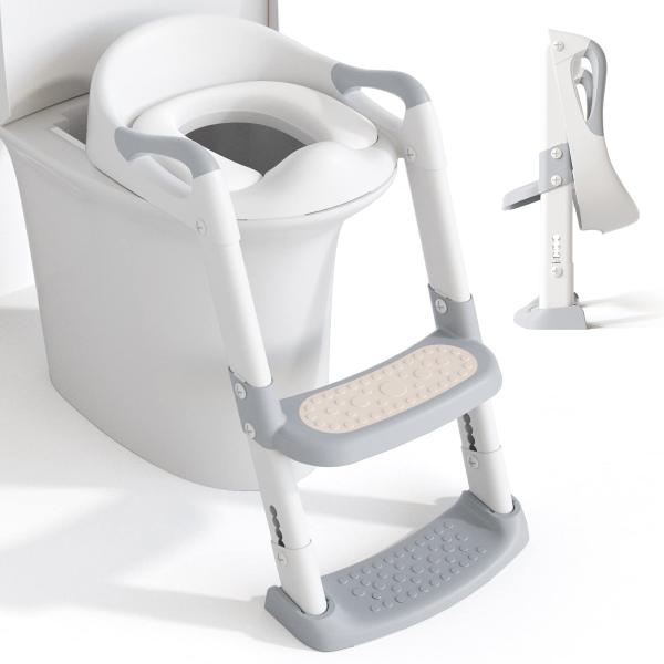 Grey + White 3 In 1 Potty Training Toilet Seat With Step Stool Ladder For 1-6 Year'S Old