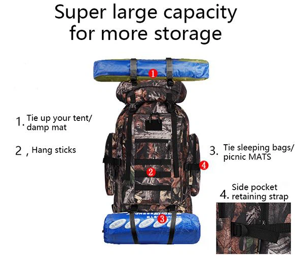 Tactical Backpack 100L Camouflage Bag, Rucksack Tactical MOLLE Pack For Backpacking Hiking Camping Hunting