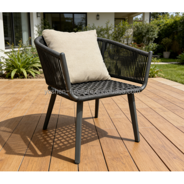 Beige Rope Woven Outdoor Dining Arm Chair with Aluminum Frame for Patio and Garden