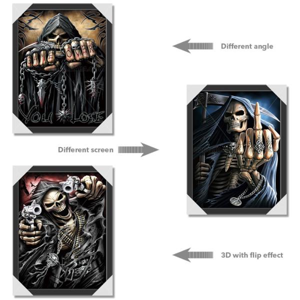 3d lenticular decorative wall 3d picture with black frame , 3d flipped image with skull