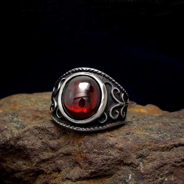 Men's Titanium Stainless Steel Vintage Ring with Red Cubic Zirconia (SA704)