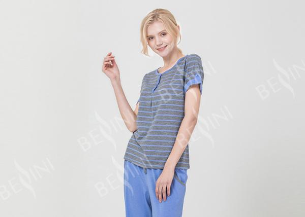 Striped Petite Women'S Pajamas Short Sleeve Long Pants , Ladies Lounge Pyjamas