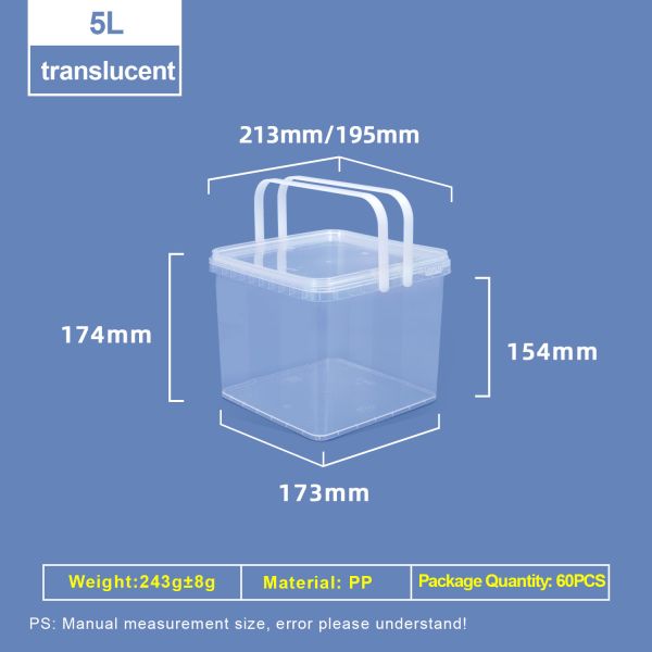 5L Plastic Square Bucket With Dual Handle and Lid Food Grade PP Container