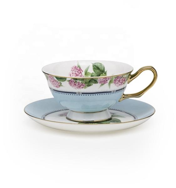Pink Floral Design Porcelain Cups Decal Luxury Coffee Tea Cup And Saucer With Colorful Rim