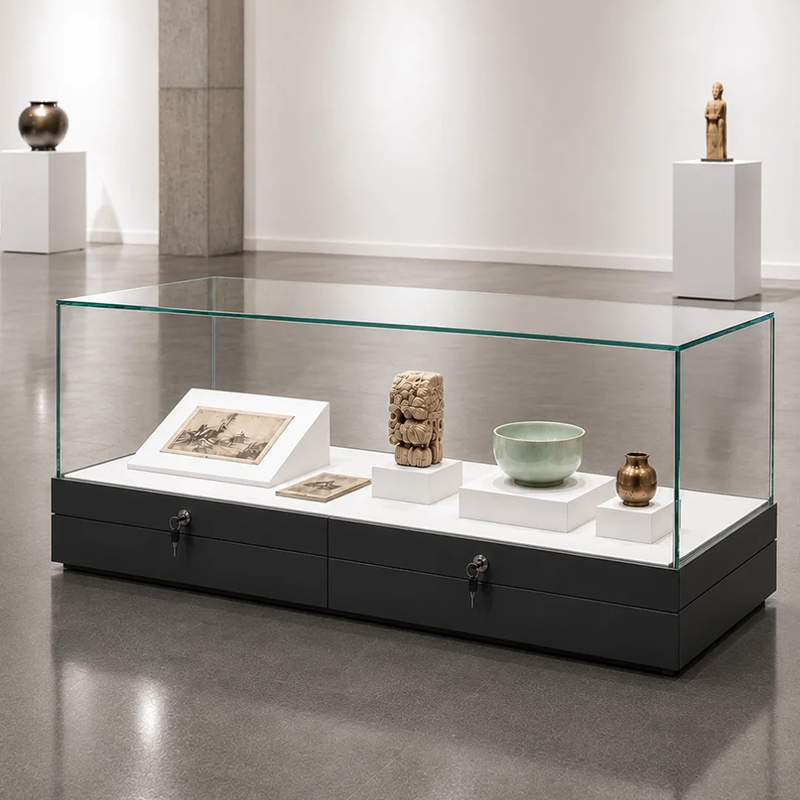 Anti-Glare Four-Sided Glass Museum Exhibit Cabinet With Lockable Drawer Base And White Platform Display Blocks