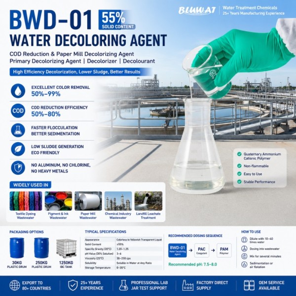 Bwd-01 55% Solid Content Color Removal Chemical For Acid Dye, Disperse Dye, Reactive Dye organic Pigment Wastewater Decolorizer Effluent Decolorizing Polymer