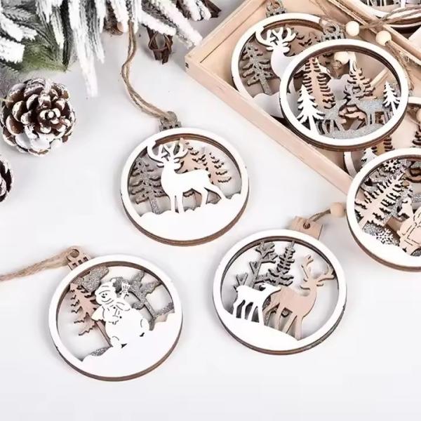 Wooden Christmas tree hanging ornaments create a Christmas family atmosphere