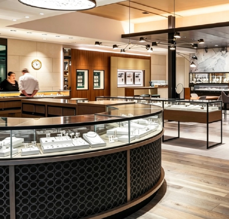 Modern Walnut Wood & Black Metal Jewelry Store Interior Design, Complete Turnkey Fixture Package with Curved Central Showcase